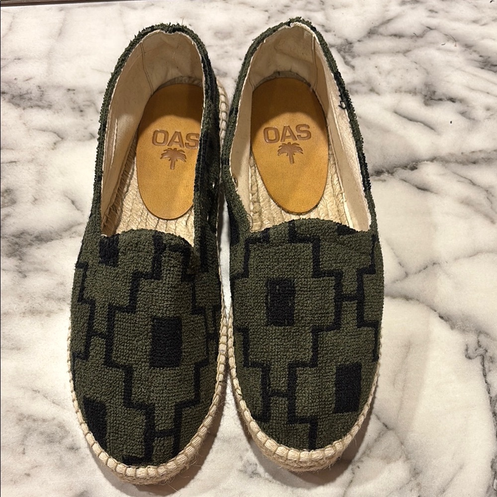 OAS Olive Green & Black Patterned Espadrille Slip-On Sandals